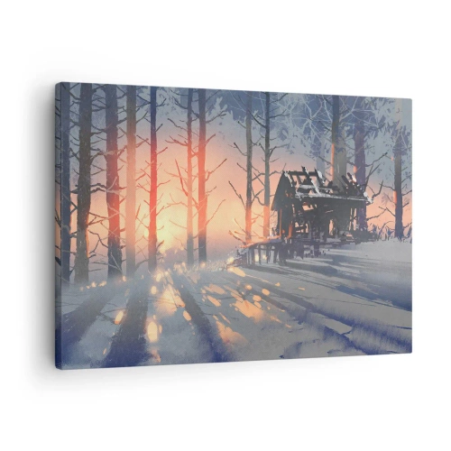 Obraz na płótnie - Leśna chata w zimowym krajobrazie z promieniami zachodzącego słońca - 70x50cm - Zagląda tu tylko słońce - Nowoczesna dekoracja ścienna do salonu i sypialni ARTTOR