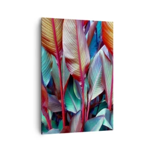Obraz na płótnie - Kolorowe liście tropikalnych roślin w gąszczu - 70x100cm - Kolorowy gąszcz - Nowoczesna dekoracja ścienna do salonu i sypialni ARTTOR