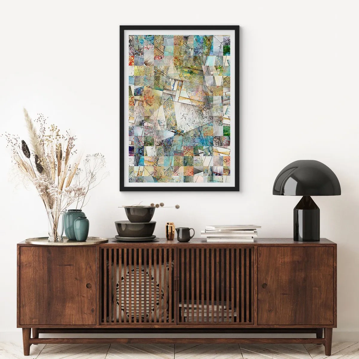 Plakat w czarnej ramie - Abstrakcyjna mozaika geometrycznych kształtów w kolorach ziemi - 50x70cm - Geometryczne przetasowanie - Nowoczesna dekoracja ścienna do salonu i sypialni ARTTOR