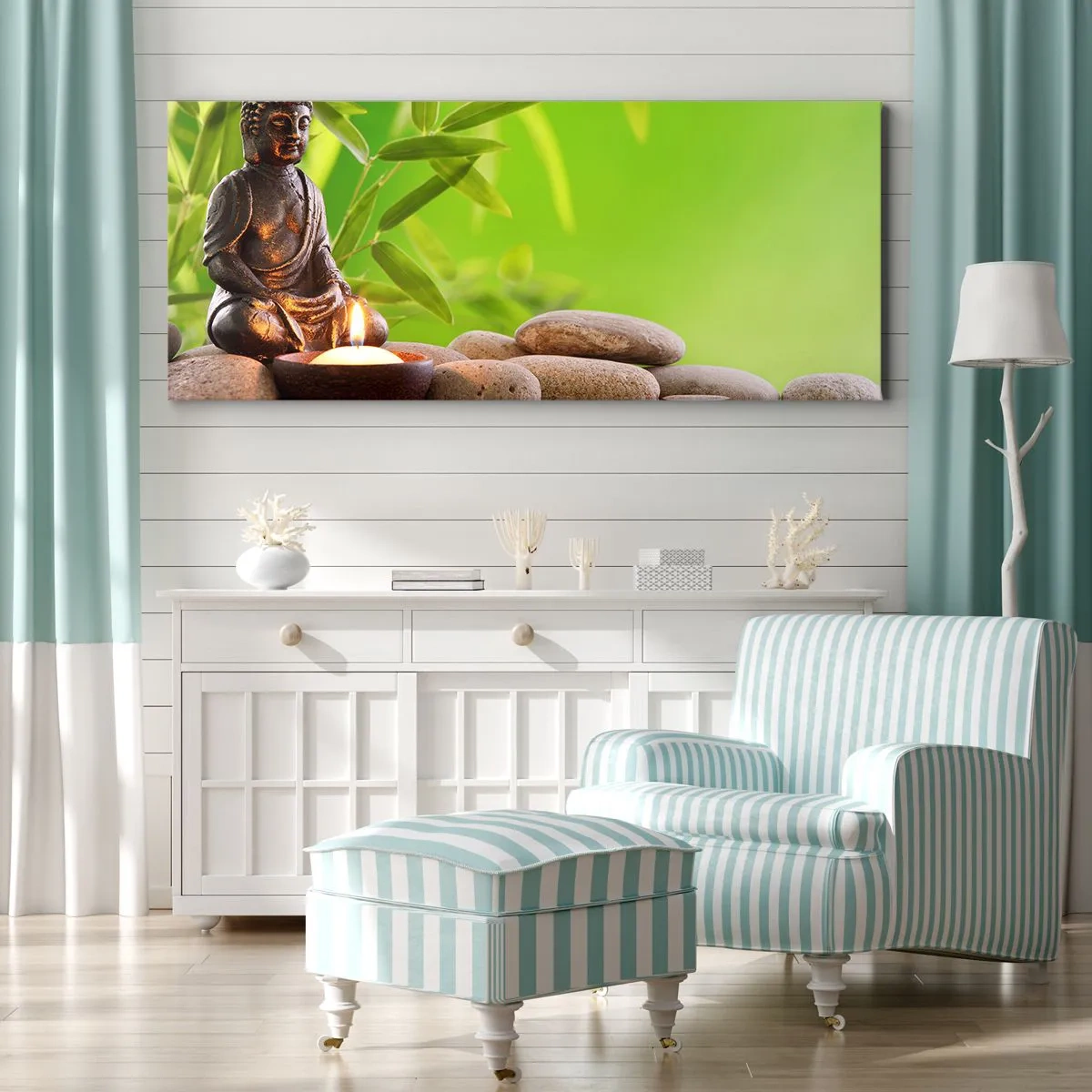 Obraz na płótnie - Figura Buddy z kamieniami i świeczką na tle bambusa - 120x50cm - Życie jest piękne - Nowoczesna dekoracja ścienna do salonu i sypialni ARTTOR