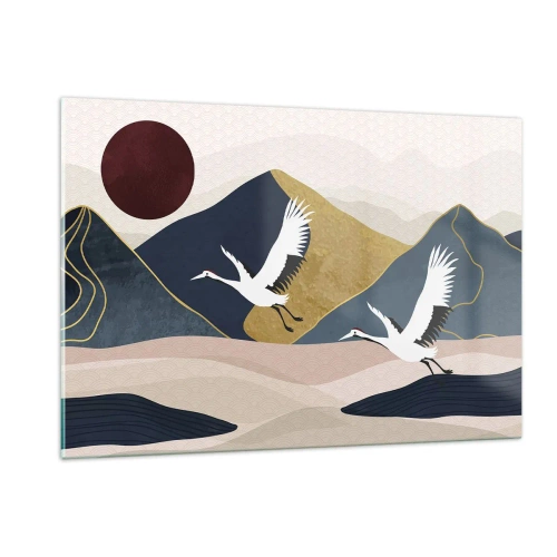Obraz na szkle - Dwa żurawie lecące nad falistym krajobrazem z czerwonym słońcem - 120x80cm - I znowu ZLECIAŁ dzień - Nowoczesna dekoracja ścienna do salonu, kuchni i sypialni ARTTOR