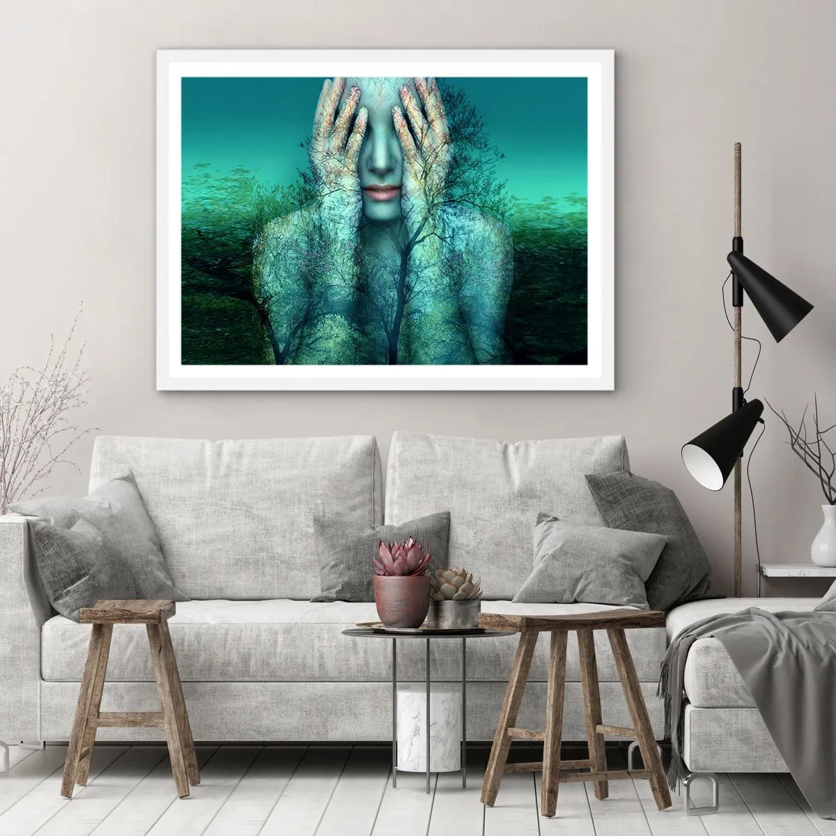 Plakat w białej ramie - Zanurzona w błękicie - 40x30 cm