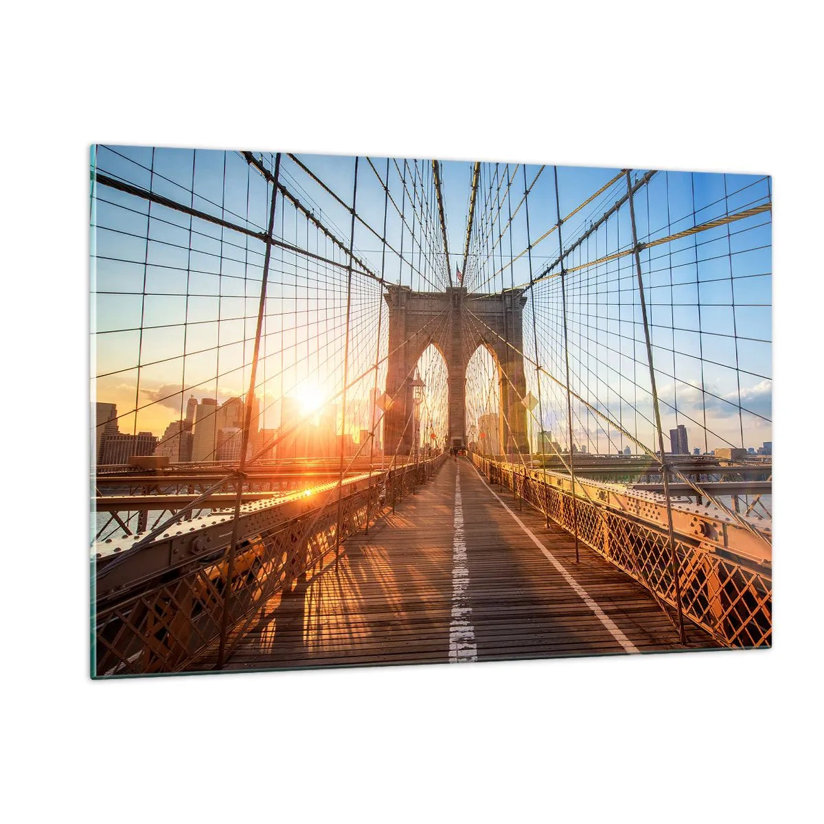 Obraz na szkle - Zachód słońca na moście Brooklyn w Nowym Jorku - 120x80cm - Na złotym moście - Nowoczesna dekoracja ścienna do salonu, kuchni i sypialni ARTTOR
