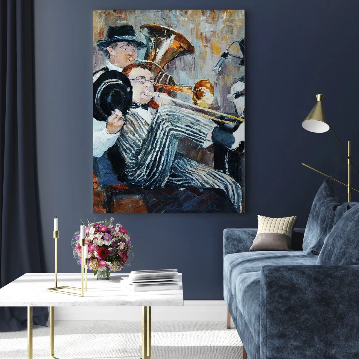 Obraz na szkle - Muzycy jazzowi w stylu malarskim podczas koncertu - 80x120cm - Cały ten jazz - Nowoczesna dekoracja ścienna do salonu i sypialni ARTTOR