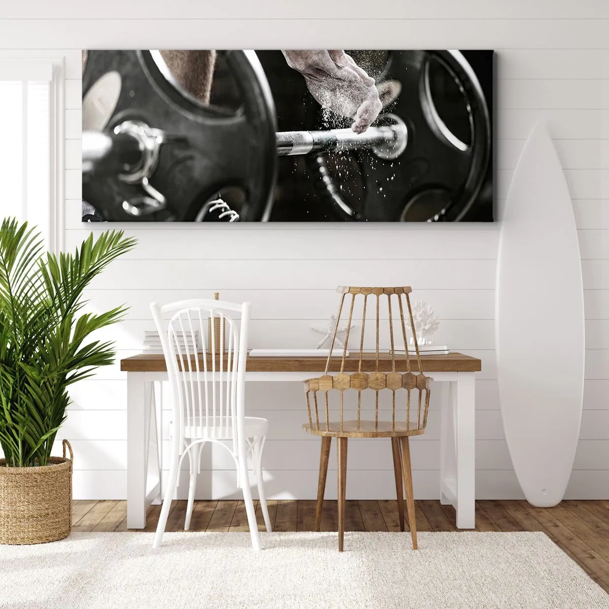 Obraz na płótnie - Hantle i ręce sportowca przygotowujące się do treningu - 120x50cm - Wyzwanie podjęte! - Nowoczesna dekoracja ścienna do salonu i sypialni ARTTOR