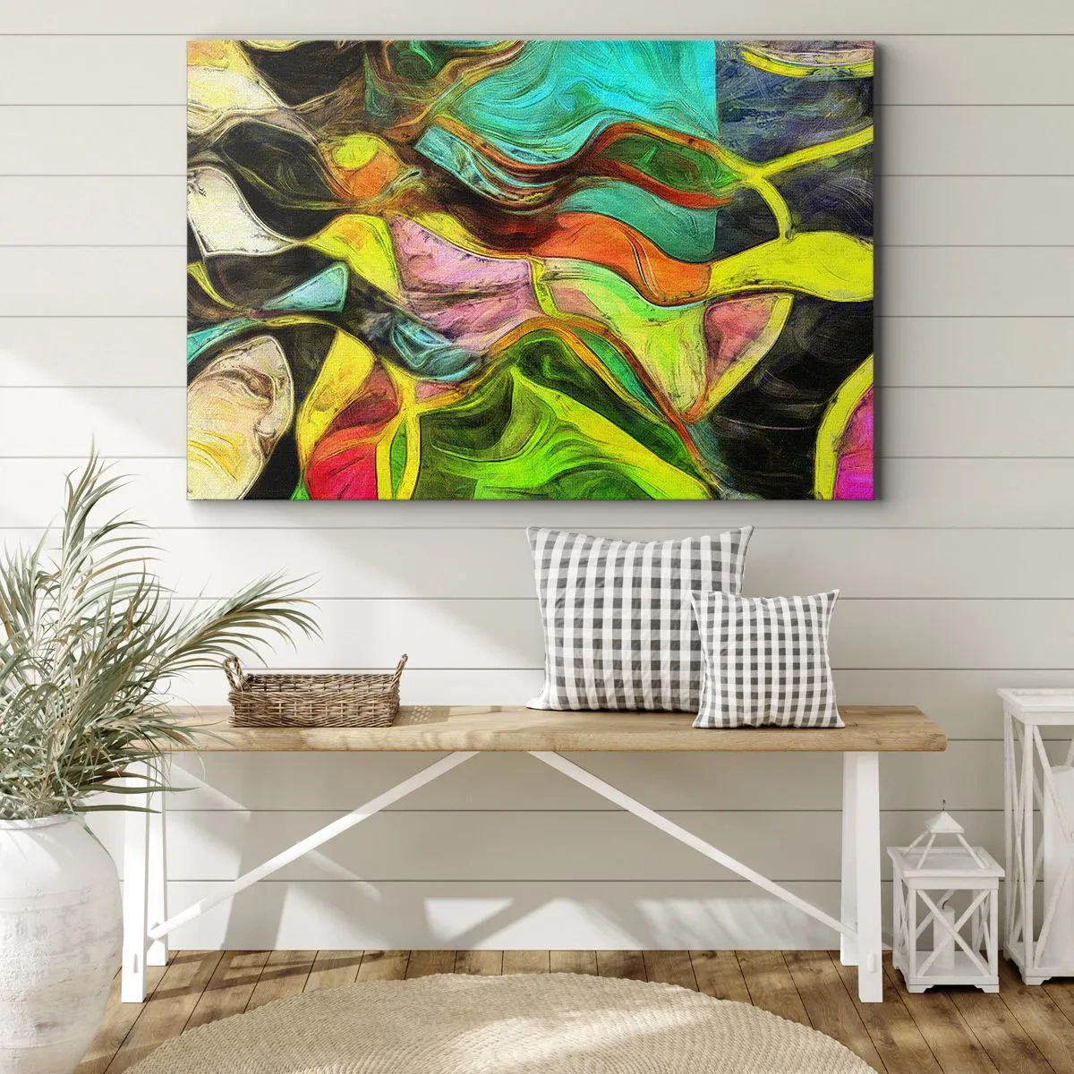 Obraz na płótnie - Abstrakcyjna kompozycja z barwnymi plamami i dynamicznymi liniami - 100x70cm - Ruch to życie - Nowoczesna dekoracja ścienna do salonu, kuchni i sypialni ARTTOR