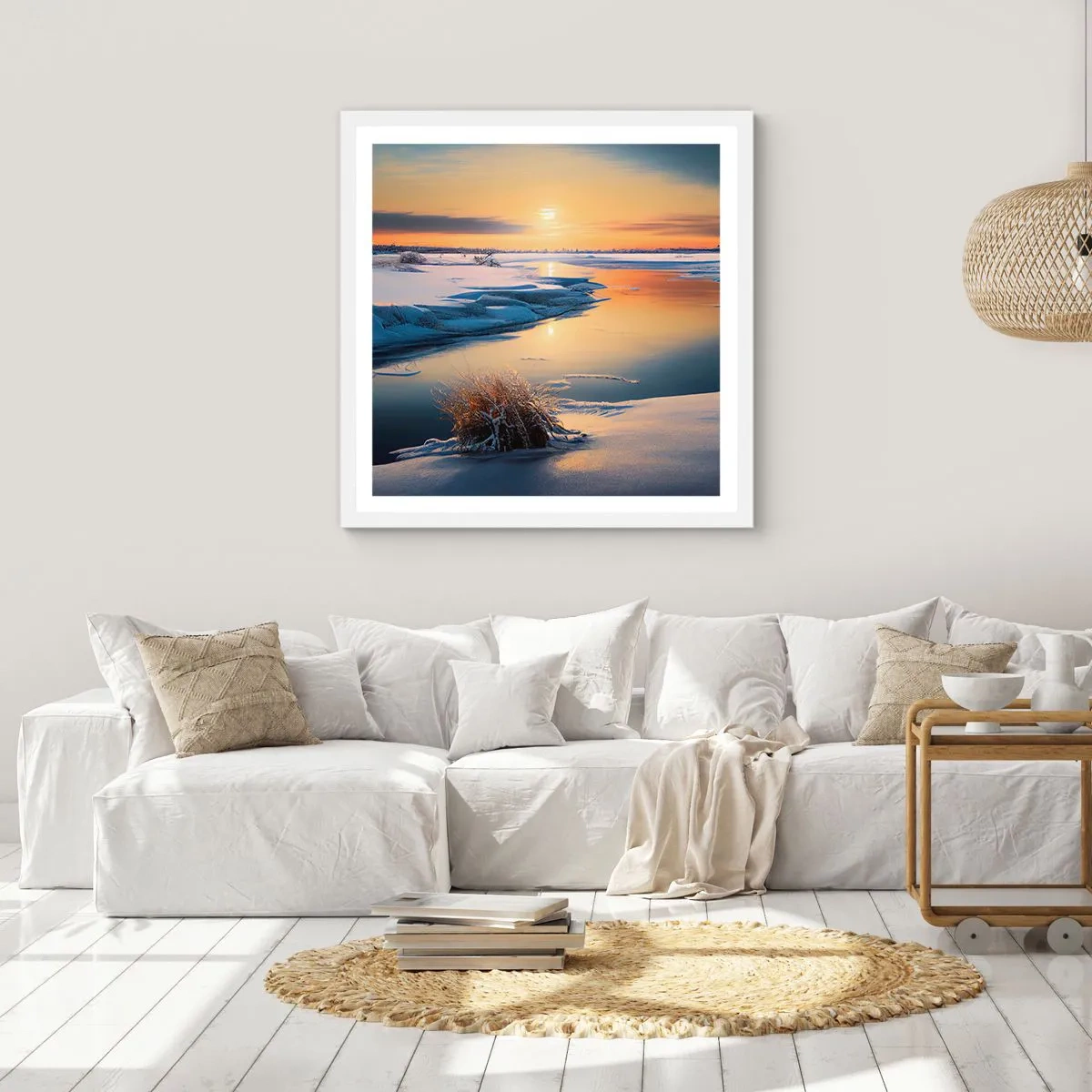 Plakat w białej ramie - Zimowy zachód słońca - 60x60 cm