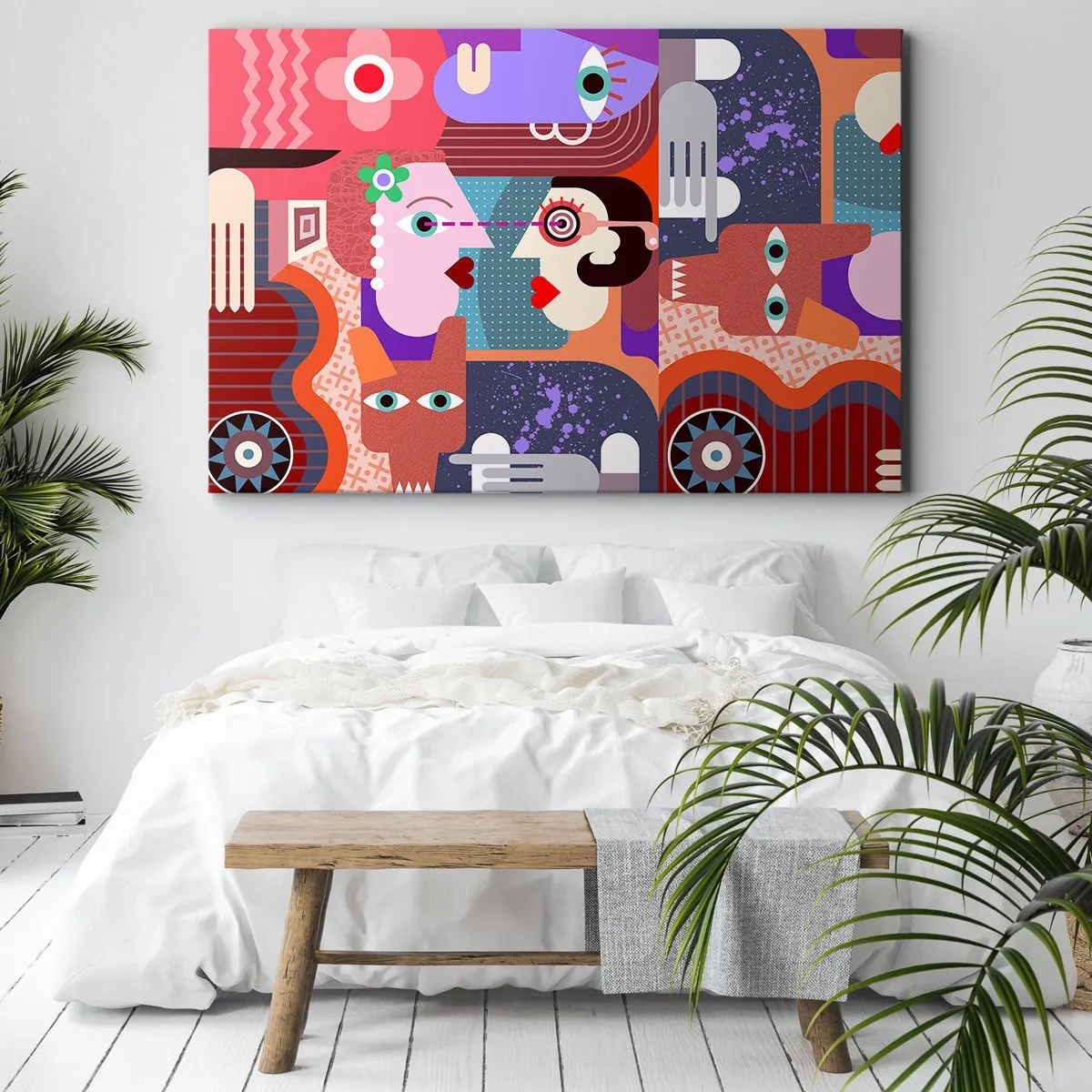 Obraz na płótnie - Abstrakcyjne postacie w żywych kolorach - 70x50cm - Oko w oko - Nowoczesna dekoracja ścienna do salonu i sypialni ARTTOR