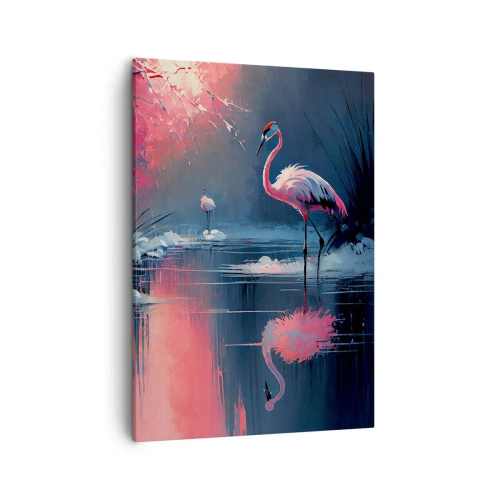 Obraz na płótnie - Malowniczy obraz żurawi nad wodą w otoczeniu różowego światła - 50x70cm - Ptasie ustronie - Nowoczesna dekoracja ścienna do salonu, kuchni i sypialni ARTTOR