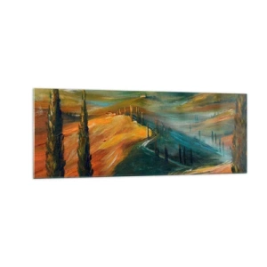 Obraz na szkle - Toskański krajobraz z polami, drogą i cyprysami - 140x50cm - Toskański pejzaż - Nowoczesna dekoracja ścienna do salonu i sypialni ARTTOR