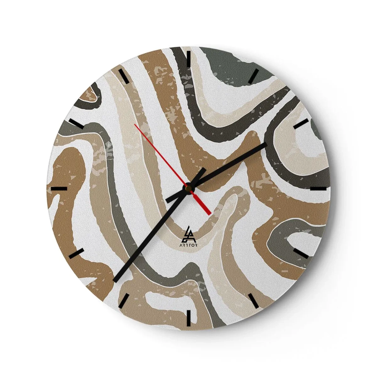 Zegar ścienny - Meandrujące pasy w barwach ziemi na białym tle - 30x30cm - Meandry barw ziemi - Nowoczesna dekoracja ścienna do salonu, kuchni i sypialni ARTTOR