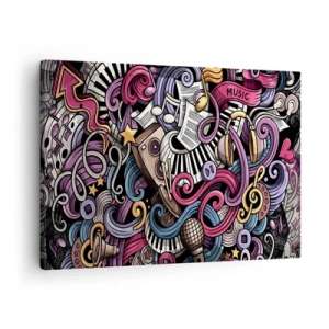 Obraz na płótnie - Muzyczna abstrakcja pełna kolorowych instrumentów i nut - 70x50cm - Skomplikowana melodia - Nowoczesna dekoracja ścienna do salonu i sypialni ARTTOR