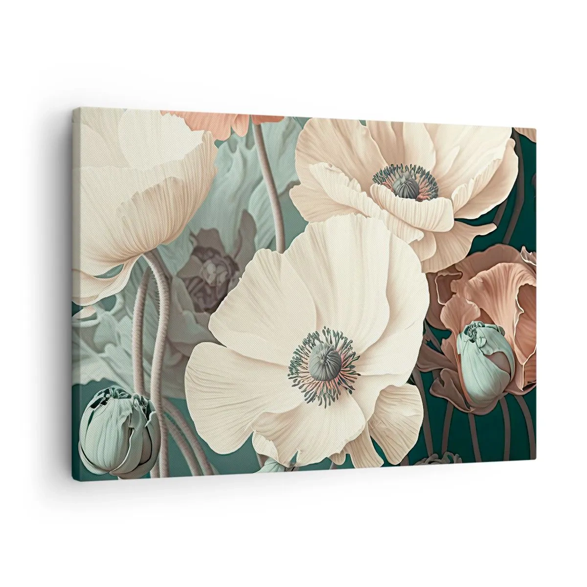 Obraz na płótnie - Eleganckie kwiaty w pastelowych odcieniach na zielonym tle - 70x50cm - Szept maków - Nowoczesna dekoracja ścienna do salonu i sypialni ARTTOR