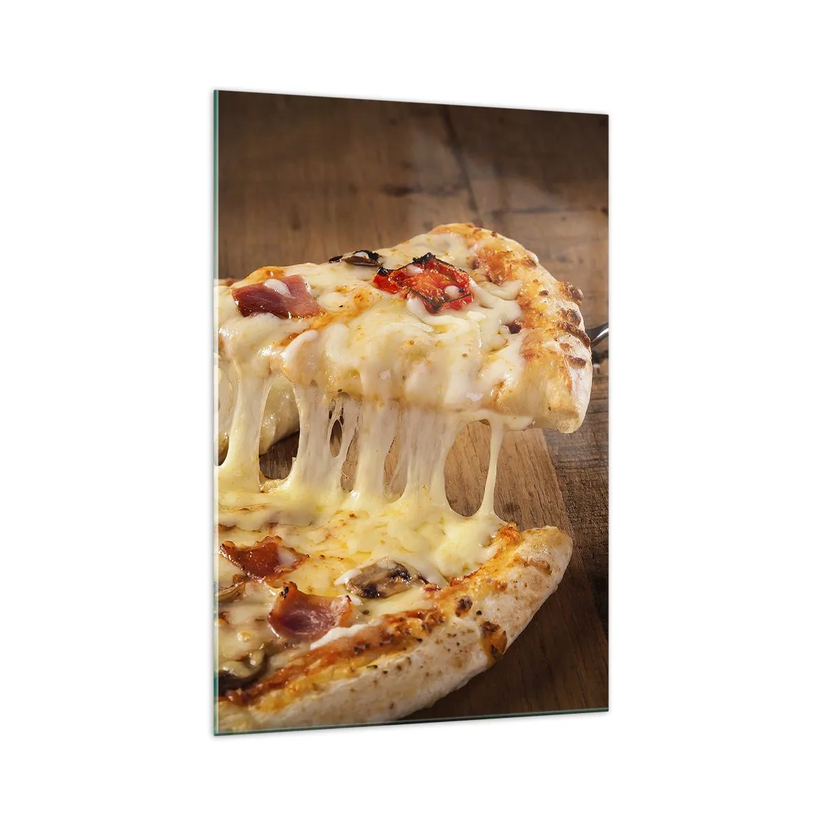 Obraz na szkle - Pizza z ciągnącym się serem - 70x100cm - Arcydzieło sztuki włoskiej - Nowoczesna dekoracja ścienna do salonu i sypialni ARTTOR