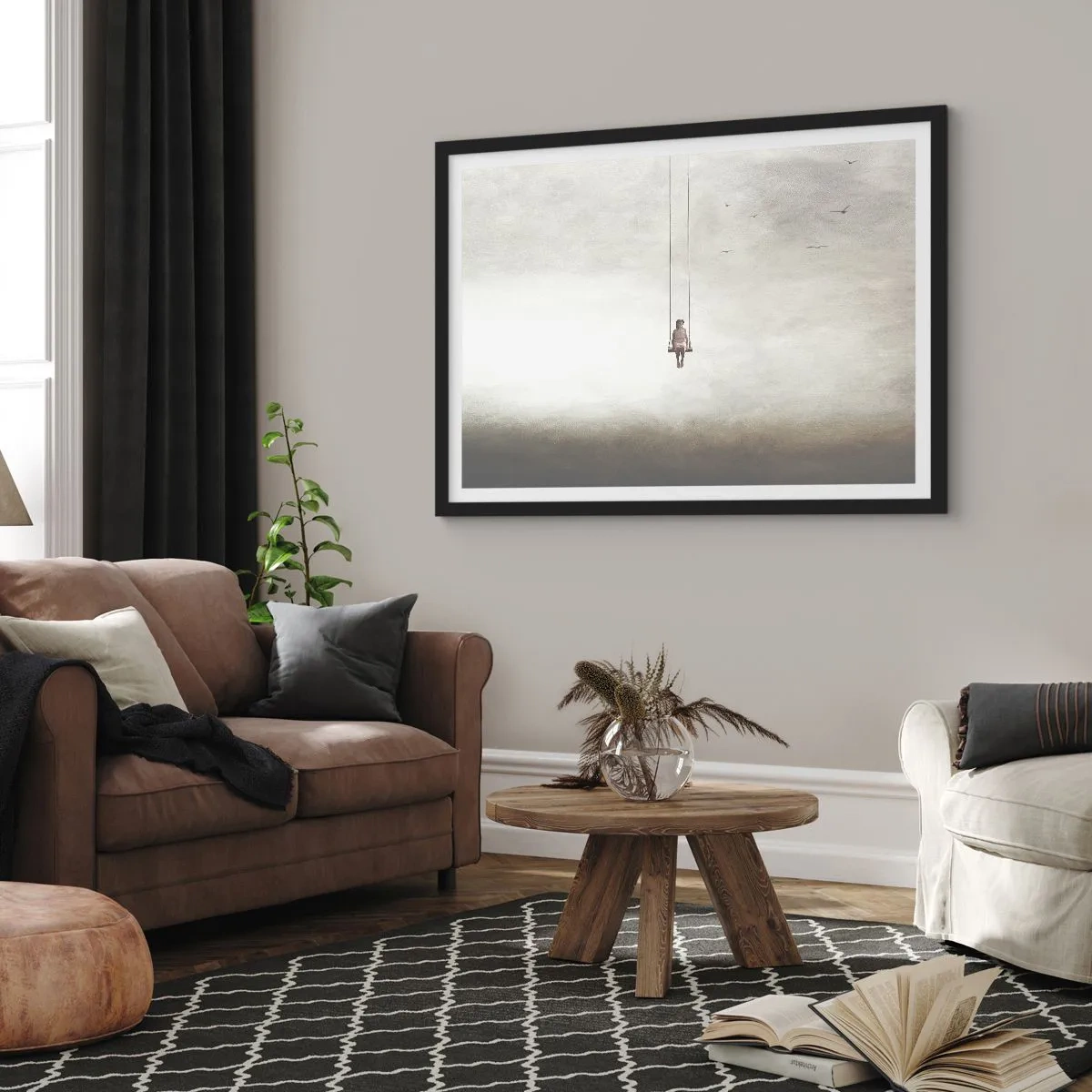 Plakat w czarnej ramie - Postać na huśtawce zawieszonej w przestrzeni - 100x70cm - Dziecko w nas - Nowoczesna dekoracja ścienna do salonu i sypialni ARTTOR