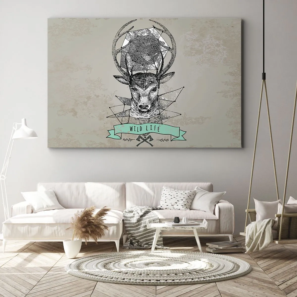 Obraz na płótnie - Geometria jelenia z napisem Wild Life w stylu vintage - 70x50cm - Widzenie św. Hubertusa - Nowoczesna dekoracja ścienna do salonu i sypialni ARTTOR