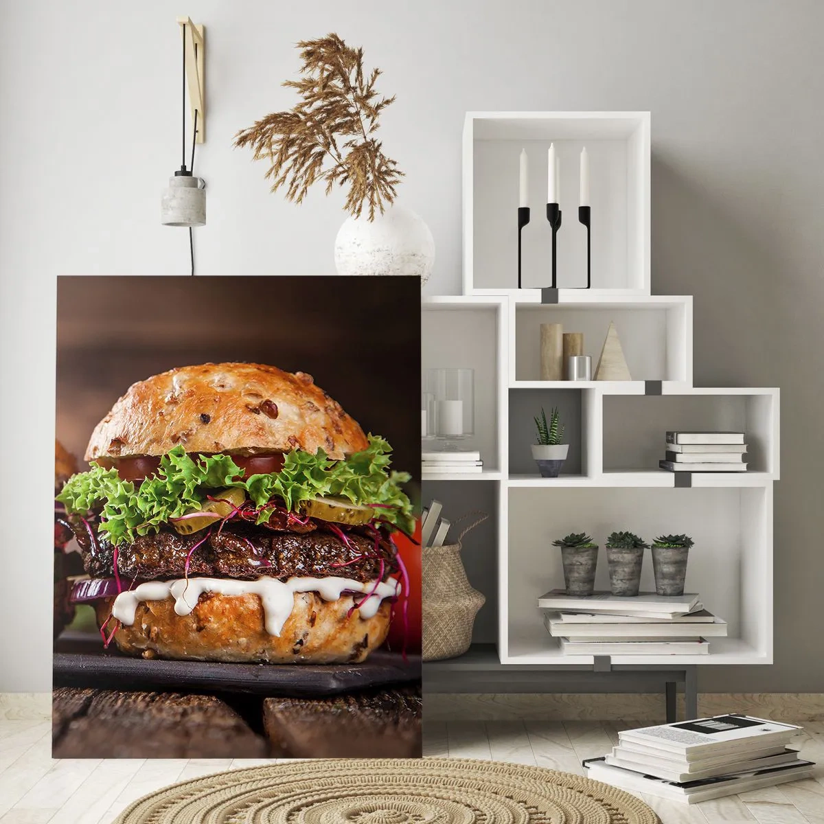 Obraz na szkle - Apetyczne burgery z warzywami i sosem - 50x70cm - American dream - Nowoczesna dekoracja ścienna do salonu, kuchni i sypialni ARTTOR