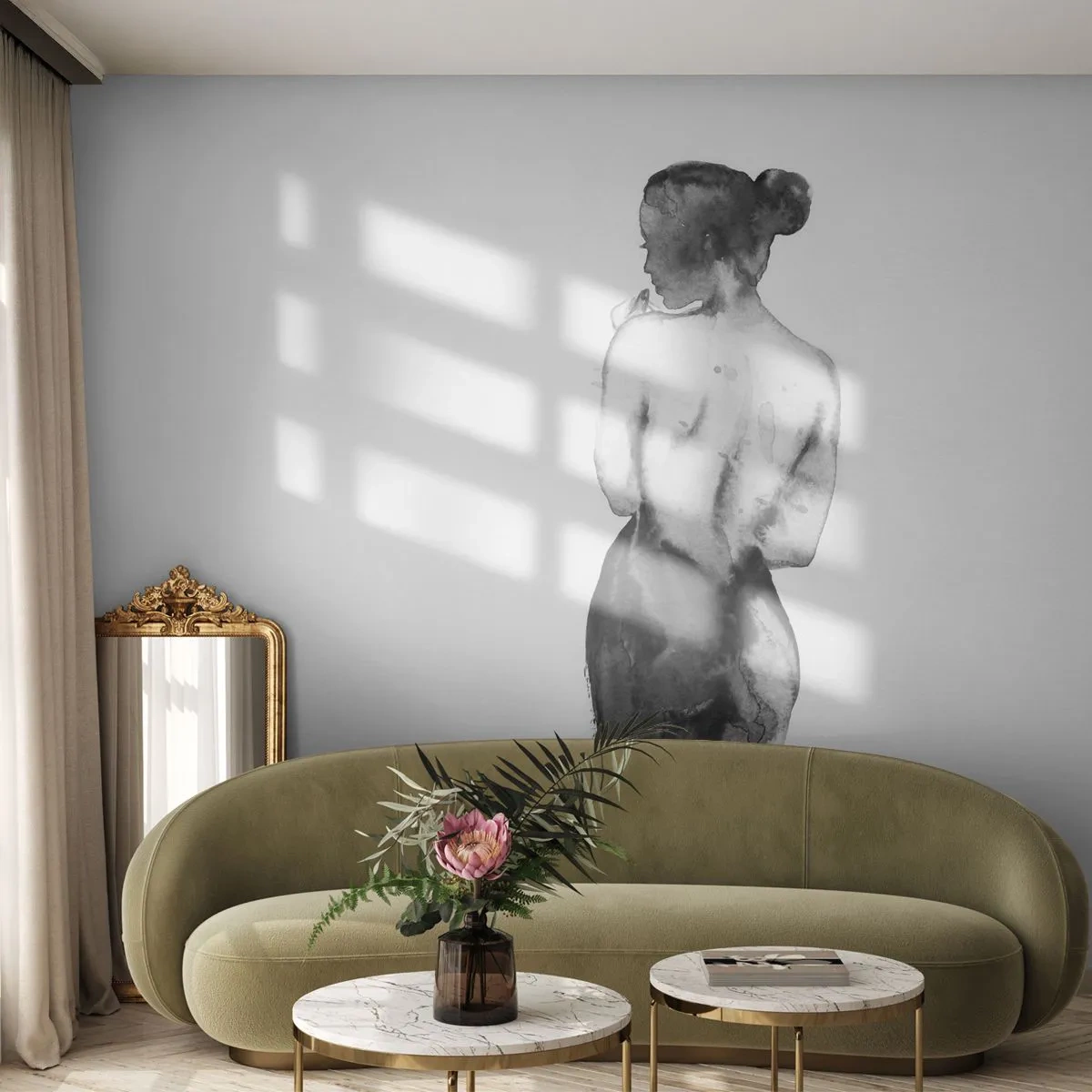 Fototapeta Premium Sand - Akwarelowa sylwetka kobiety w monochromatycznym stylu - 100x70cm - Przy niej świat znika - Nowoczesna dekoracja ścienna do salonu, kuchni i sypialni ARTTOR