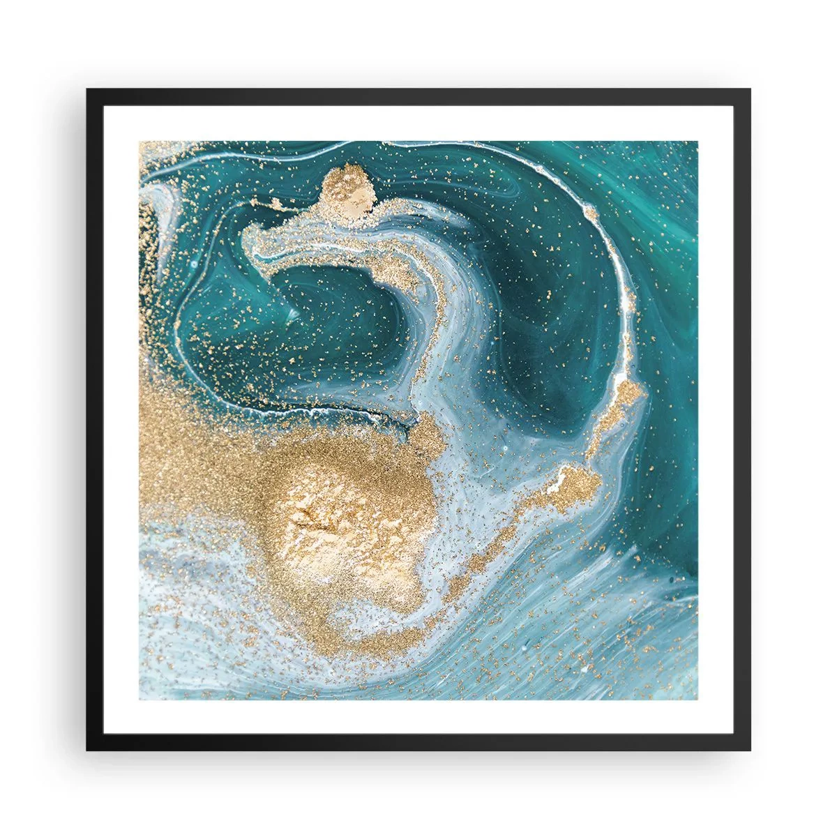 Plakat w czarnej ramie - Wir złota i turkusu - 60x60 cm