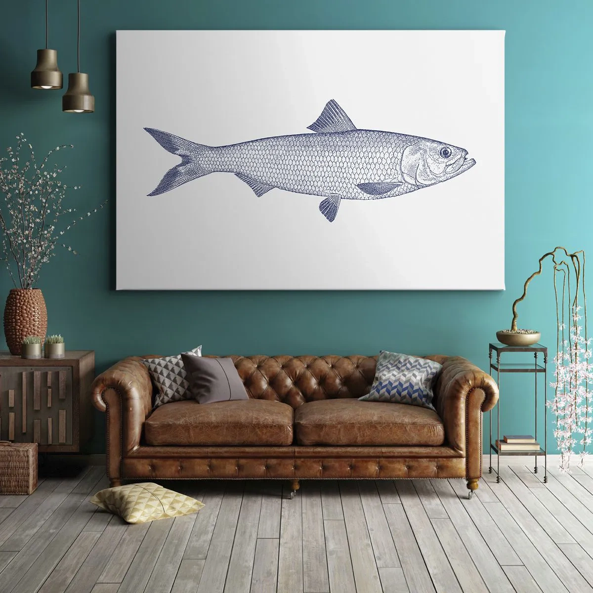 Obraz na płótnie - Ilustracja ryby w odcieniach niebieskiego na jasnym tle - 70x50cm - Pozdrowienia z północnych mórz - Nowoczesna dekoracja ścienna do salonu i sypialni ARTTOR