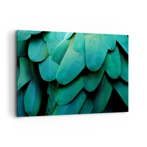 Obraz na płótnie - Detal piór w odcieniach zieleni - 100x70cm - Precyzja papuziej natury - Nowoczesna dekoracja ścienna do salonu, kuchni i sypialni ARTTOR