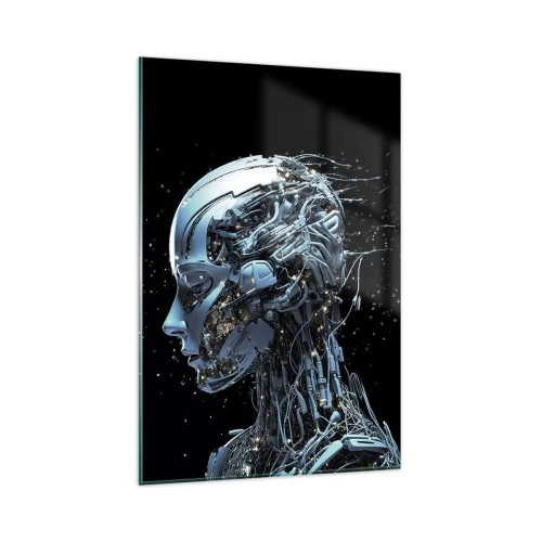 Obraz na szkle - Futurystyczny portret cyborga w industrialnym stylu na czarnym tle - 80x120cm - Technologia jest kobietą - Nowoczesna dekoracja ścienna do salonu i sypialni ARTTOR