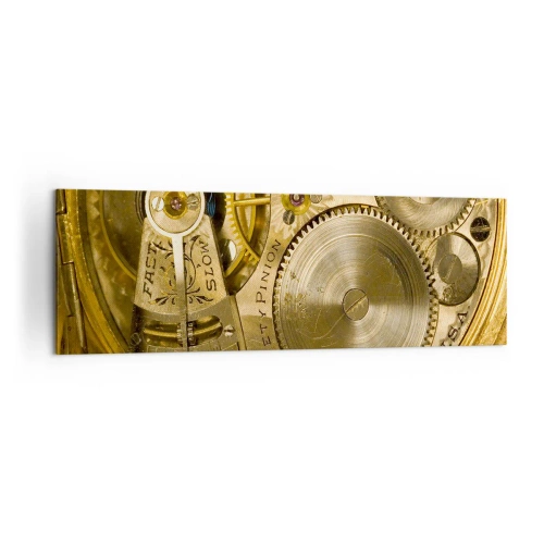 Obraz na płótnie - Mechanizm zegarka z widocznymi zębatkami i detalami - 160x50cm - Idź z duchem czasu - Nowoczesna dekoracja ścienna do salonu i sypialni ARTTOR