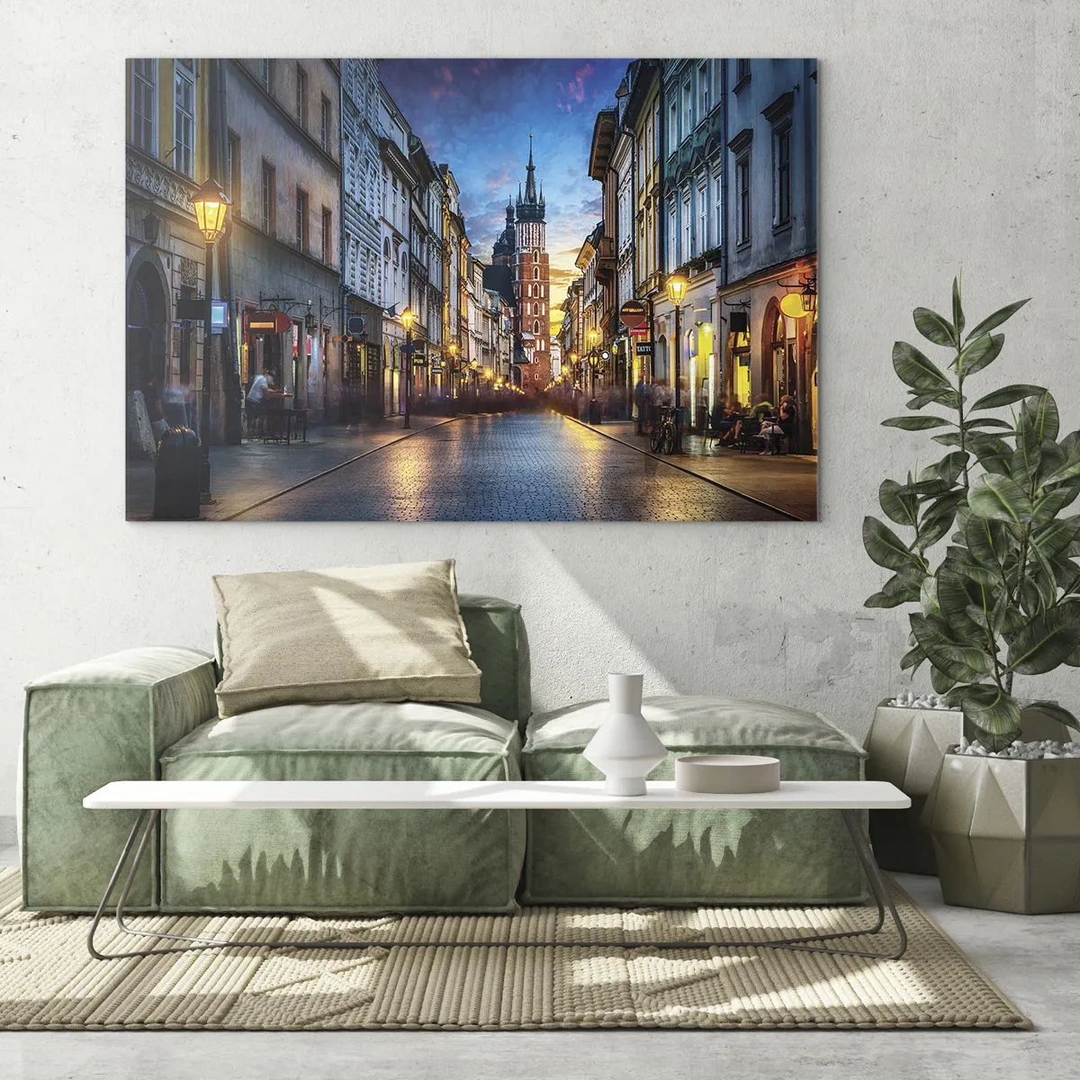 Obraz na szkle - Wieczorny widok na starówkę z kościołem w tle - 100x70cm - Krakowski czar - Nowoczesna dekoracja ścienna do salonu, kuchni i sypialni ARTTOR