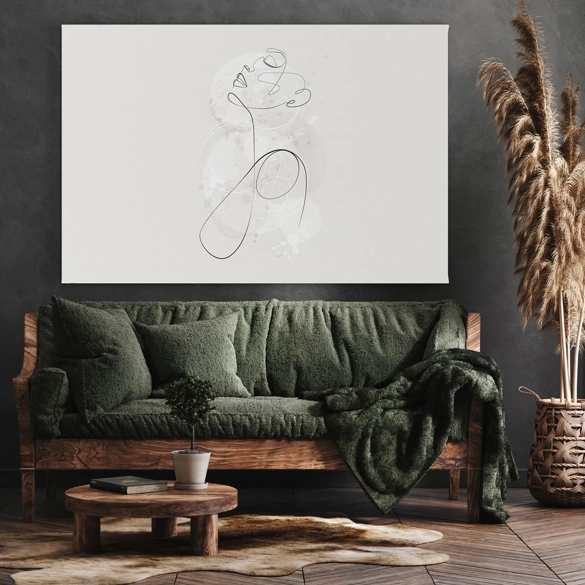 Obraz na płótnie - Minimalistyczny kontur twarzy z kwiatem na jasnym tle - 70x50cm - Spirala piękna - Nowoczesna dekoracja ścienna do salonu i sypialni ARTTOR