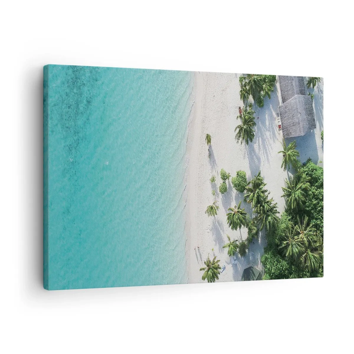 Obraz na płótnie - Tropikalna plaża z turkusową wodą i palmami z lotu ptaka - 70x50cm - Wakacje w raju - Nowoczesna dekoracja ścienna do salonu i sypialni ARTTOR