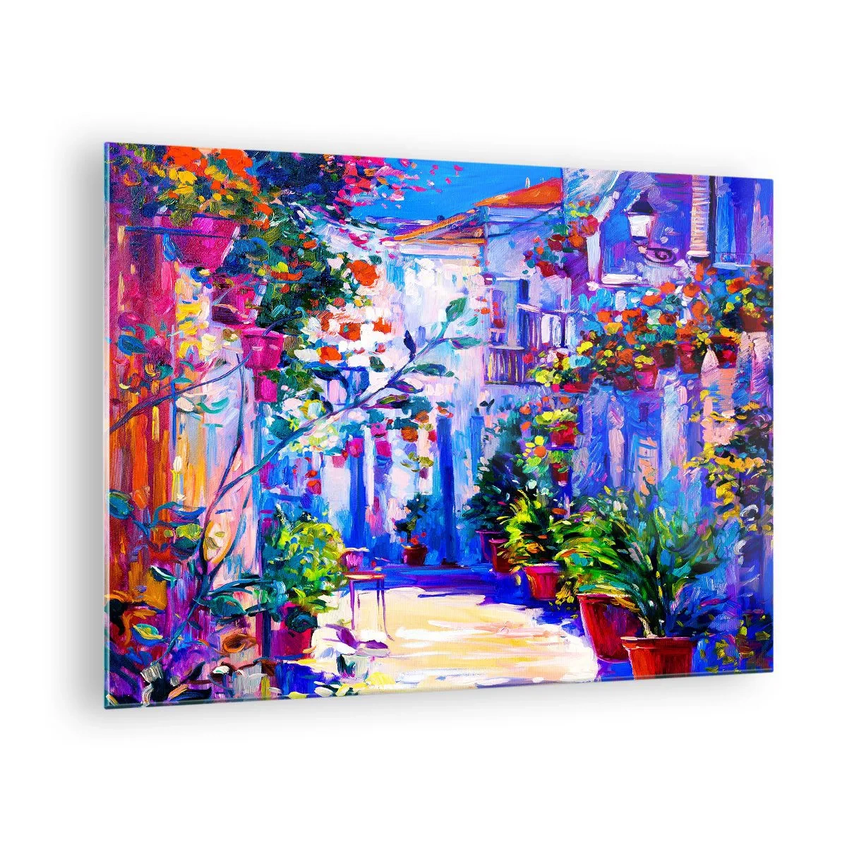 Obraz na szkle - Kolorowa uliczka z kwitnącymi roślinami i światłem - 70x50cm - Impresja - włoska uliczka - Nowoczesna dekoracja ścienna do salonu i sypialni ARTTOR