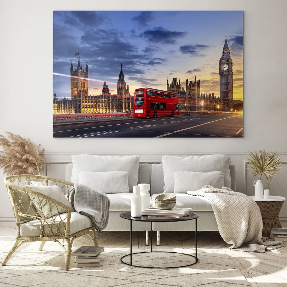 Obraz na szkle - Big Ben i czerwony autobus w Londynie o zachodzie słońca - 70x50cm - Znaki szczególne - Nowoczesna dekoracja ścienna do salonu i sypialni ARTTOR