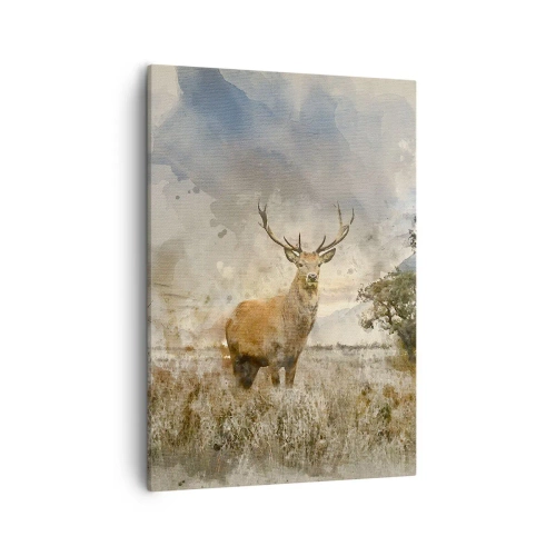 Obraz na płótnie - Jeleń na tle polany w pastelowych barwach - 50x70cm - Godność - siła - dostojeństwo - Nowoczesna dekoracja ścienna do salonu, kuchni i sypialni ARTTOR