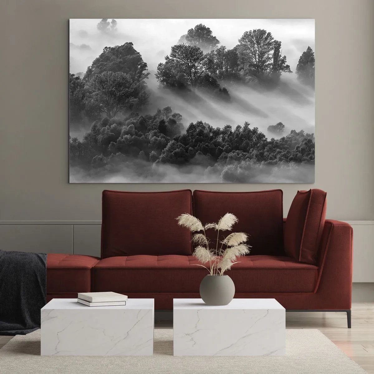 Obraz na szkle - Mglisty las w promieniach słońca w czerni i bieli - 70x50cm - Wstający ze snu - Nowoczesna dekoracja ścienna do salonu i sypialni ARTTOR