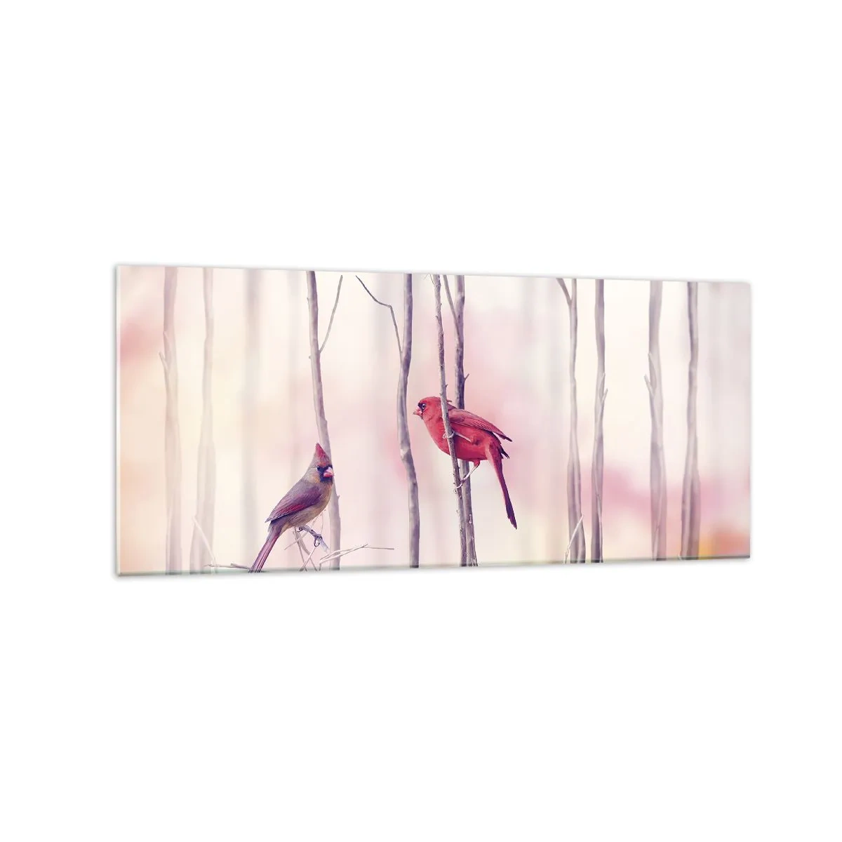 Obraz na szkle - Para kardynałów na gałęziach w pastelowym krajobrazie - 120x50cm - Opowieść różowego lasu - Nowoczesna dekoracja ścienna do salonu i sypialni ARTTOR