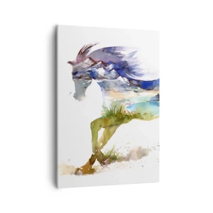 Obraz na płótnie - Akwarelowy koń galopujący z krajobrazem górskim w sylwetce - 50x70cm - Z łąki wprost do nieba - Nowoczesna dekoracja ścienna do salonu, kuchni i sypialni ARTTOR