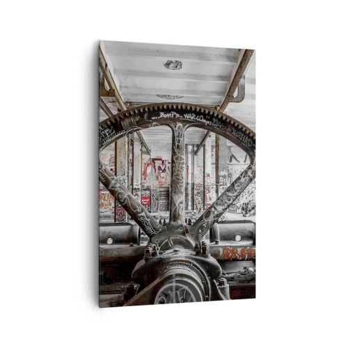 Obraz na płótnie - Stary mechanizm w opuszczonym industrialnym wnętrzu - 80x120cm - Sekretne życie fabryki - Nowoczesna dekoracja ścienna do salonu i sypialni ARTTOR