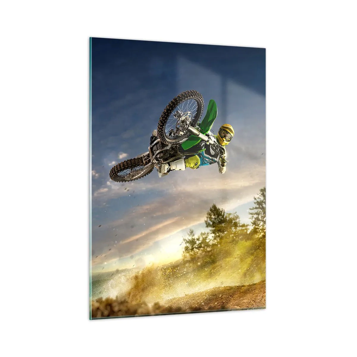 Obraz na szkle - Motocyklista w akcji na tle zachodzącego słońca - 50x70cm - Włącz emocje! - Nowoczesna dekoracja ścienna do salonu, kuchni i sypialni ARTTOR