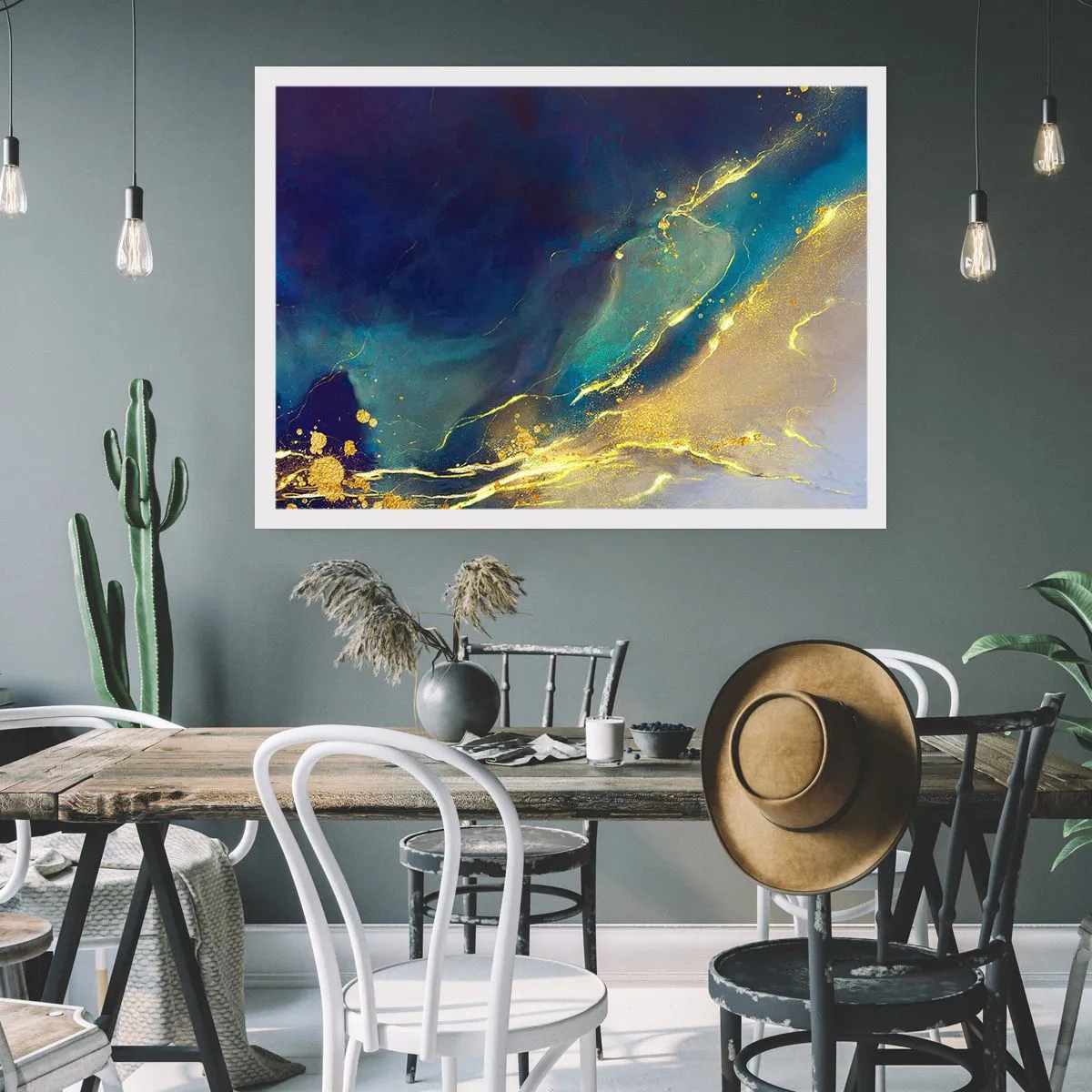 Plakat - Abstrakcyjna kompozycja w odcieniach niebieskiego i złotego na płótnie - 100x70cm - Złote rozlewisko - Nowoczesna dekoracja ścienna do salonu i sypialni ARTTOR