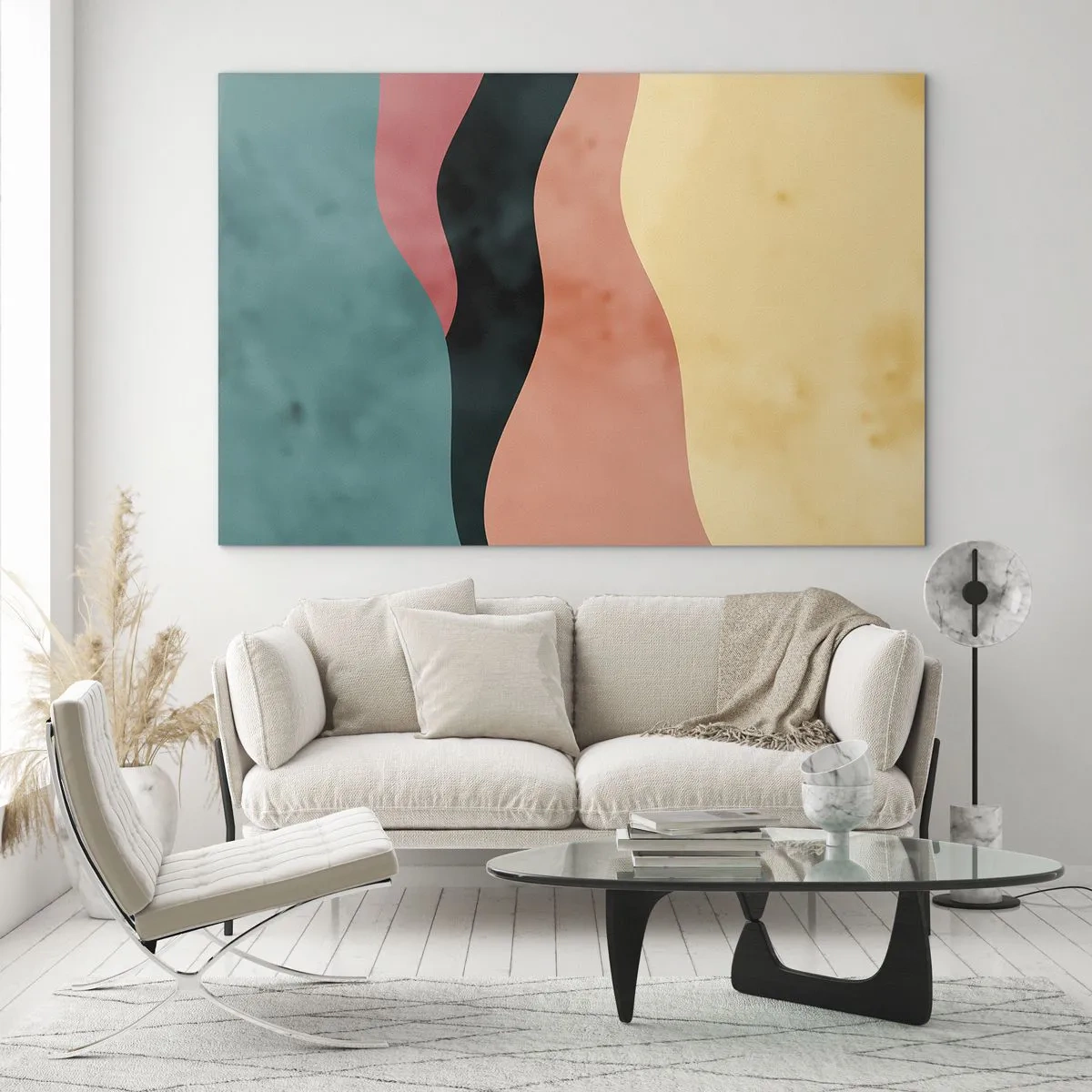 Obraz na szkle - Kolorowe fale w odcieniach zieleni, różu, czerni i beżu - 70x50cm - Zgodna niezgodność - Nowoczesna dekoracja ścienna do salonu i sypialni ARTTOR