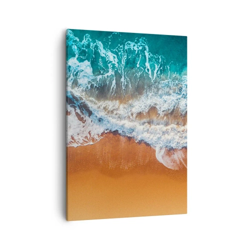 Obraz na płótnie - Widok z lotu ptaka na fale rozbijające się o złoty piasek - 50x70cm - Zawsze w parze - Nowoczesna dekoracja ścienna do salonu, kuchni i sypialni ARTTOR