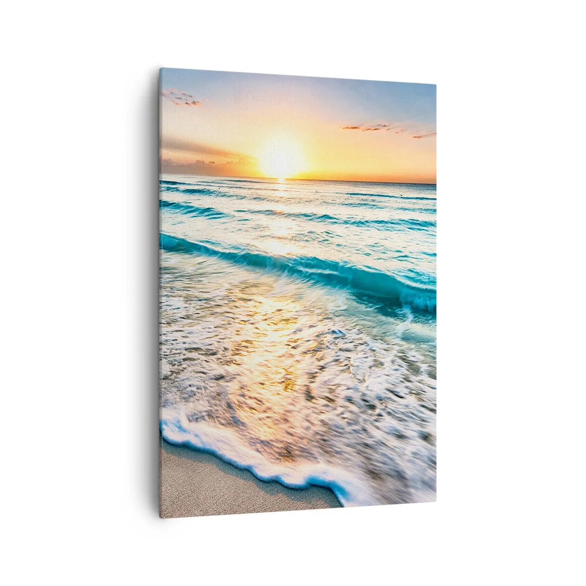 Obraz na płótnie - Wschód słońca nad spokojną plażą z falami - 70x100cm - Widok wart zachodu - Nowoczesna dekoracja ścienna do salonu i sypialni ARTTOR