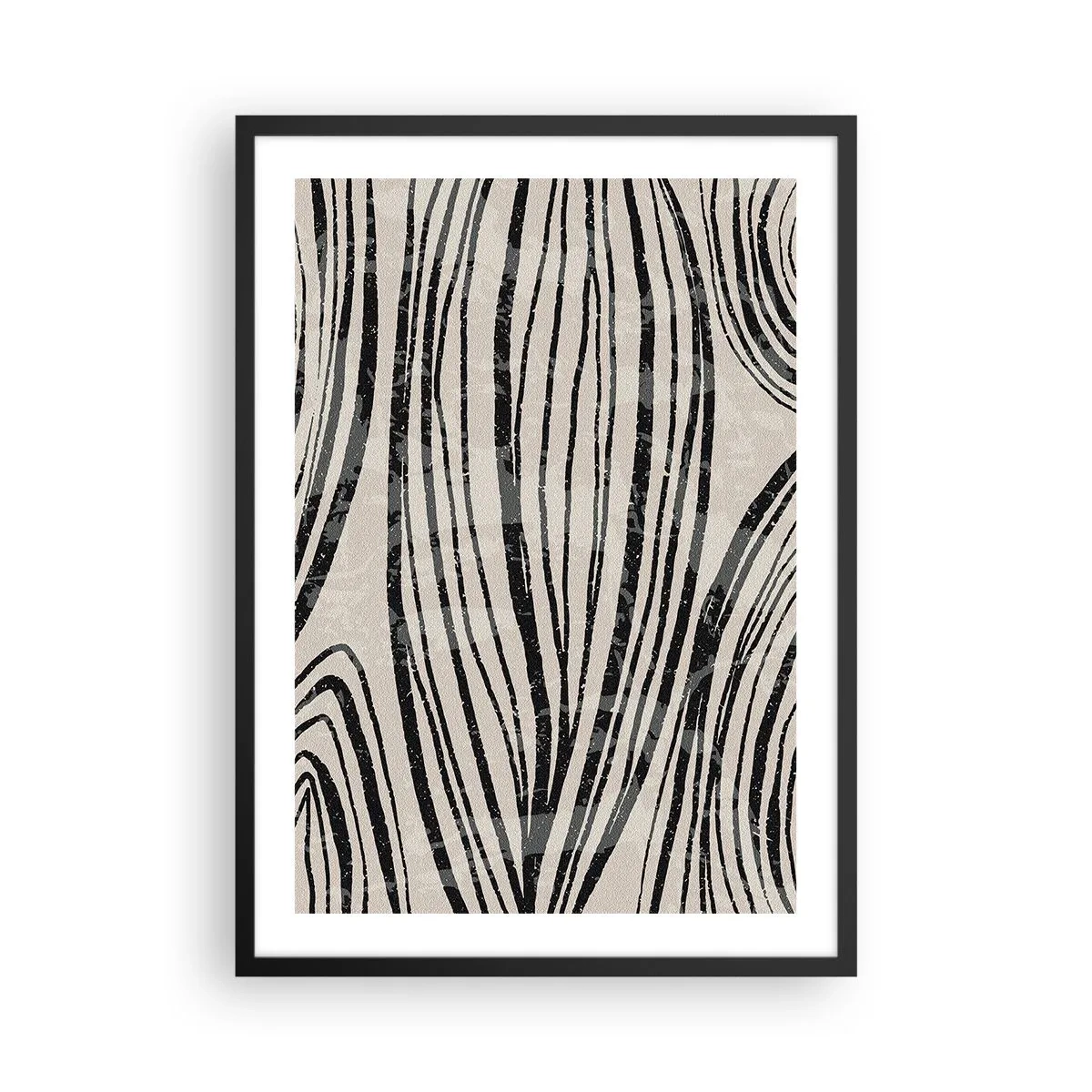 Plakat w czarnej ramie - Abstrakcyjne czarne linie na beżowym tle - 50x70cm - Rozlewisko linii - Nowoczesna dekoracja ścienna do salonu i sypialni ARTTOR