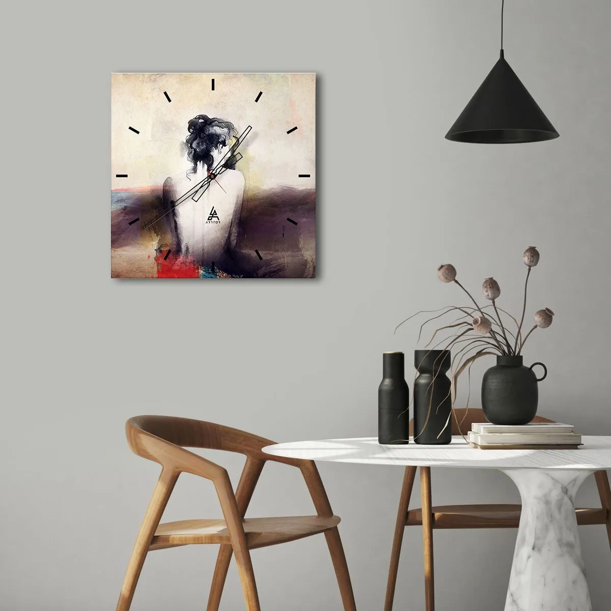 Zegar ścienny - Subtelny portret kobiety w artystycznym stylu - 30x30cm - Łagodne linie, owalne kształty - Nowoczesna dekoracja ścienna do salonu i sypialni ARTTOR