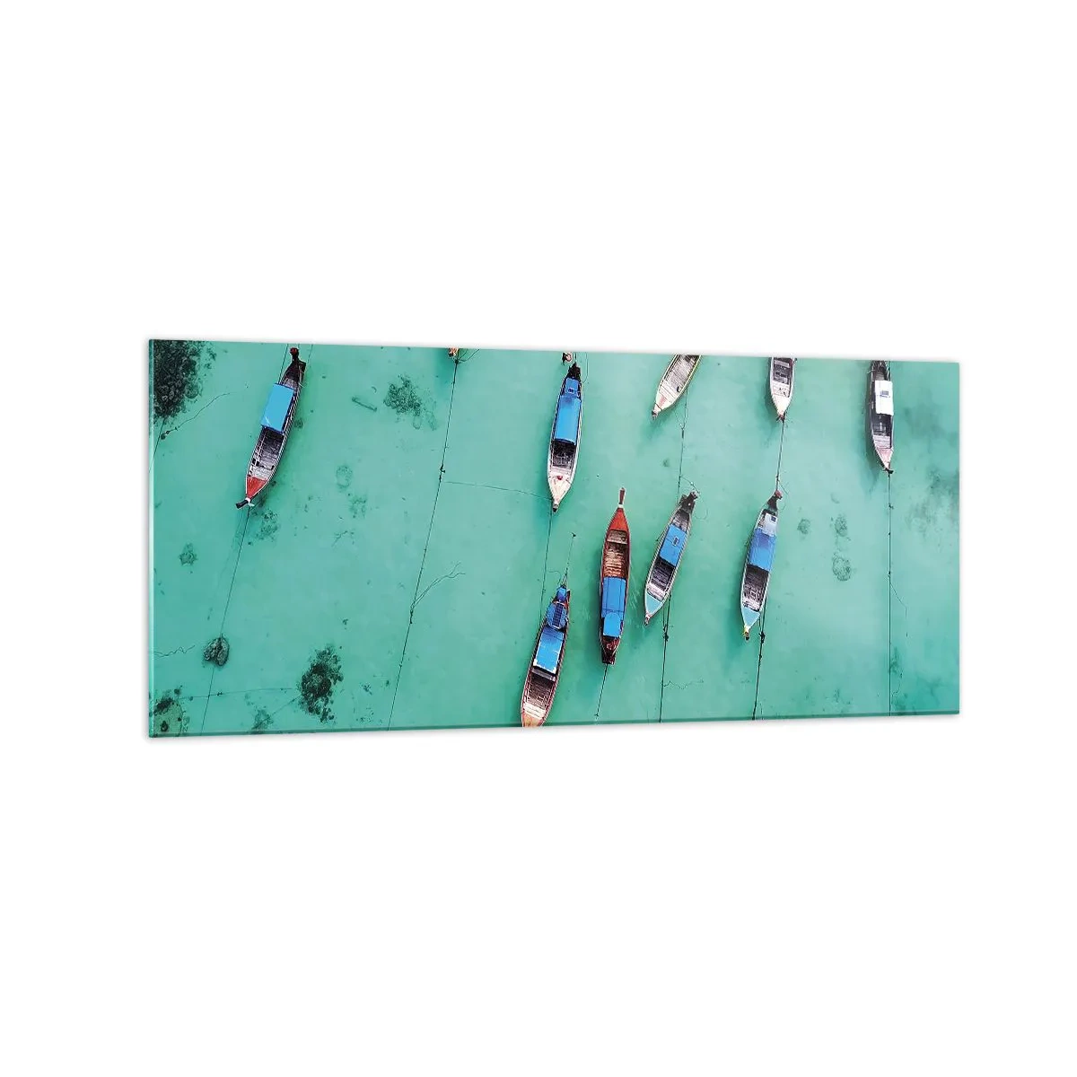 Obraz na szkle - Łodzie na turkusowej wodzie w widoku z lotu ptaka - 120x50cm - W radosnym oczekiwaniu - Nowoczesna dekoracja ścienna do salonu i sypialni ARTTOR
