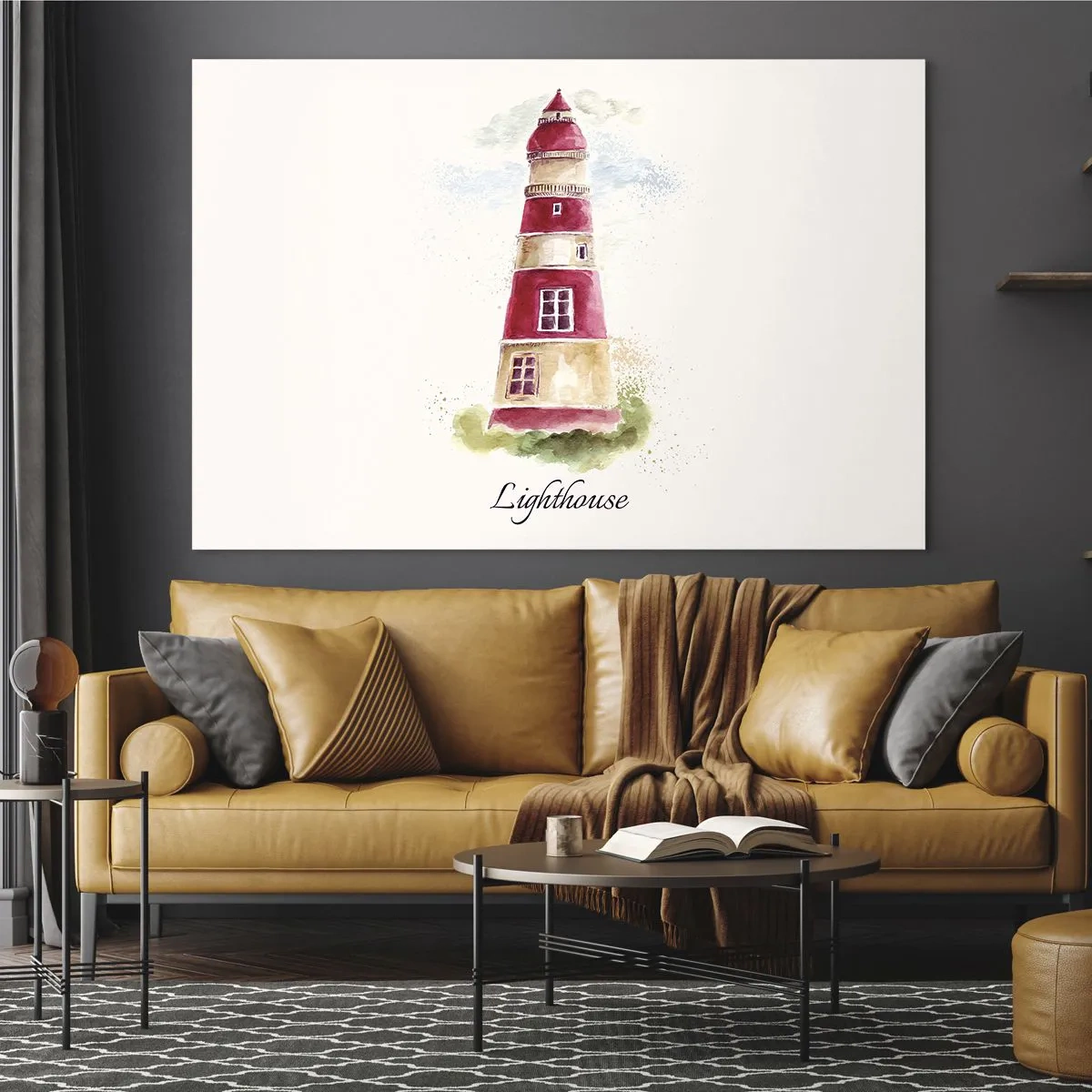 Obraz na szkle - Akwarelowa latarnia morska z napisem Lighthouse - 70x50cm - Wokół zawsze pogoda - Nowoczesna dekoracja ścienna do salonu i sypialni ARTTOR