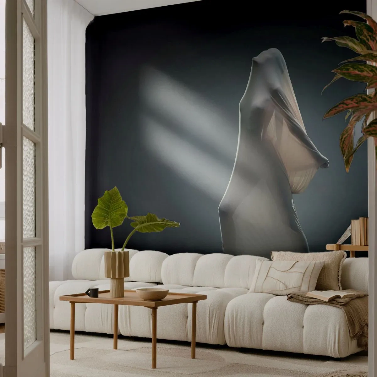 Fototapeta Premium Canvas - Postać w białej tkaninie na ciemnym tle - 100x70cm - Ukryte pragnienia - Nowoczesna dekoracja ścienna do salonu i sypialni ARTTOR