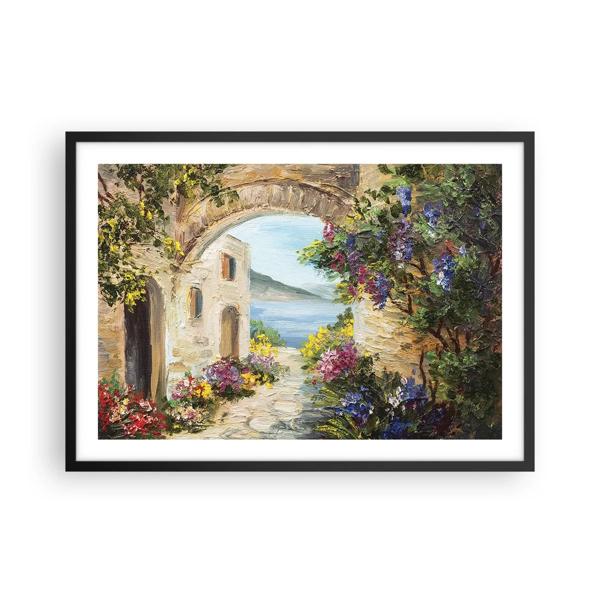 Plakat w czarnej ramie - Nadmorski krajobraz z kamiennymi budynkami i kwiatami - 70x50cm - Urok nadmorskiej prowincji - Nowoczesna dekoracja ścienna do salonu i sypialni ARTTOR