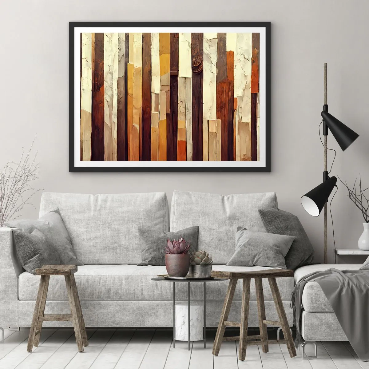 Plakat w czarnej ramie - Geometryczna kompozycja w odcieniach drewna i złota - 70x50cm - Hymn leśnych drzew - Nowoczesna dekoracja ścienna do salonu i sypialni ARTTOR