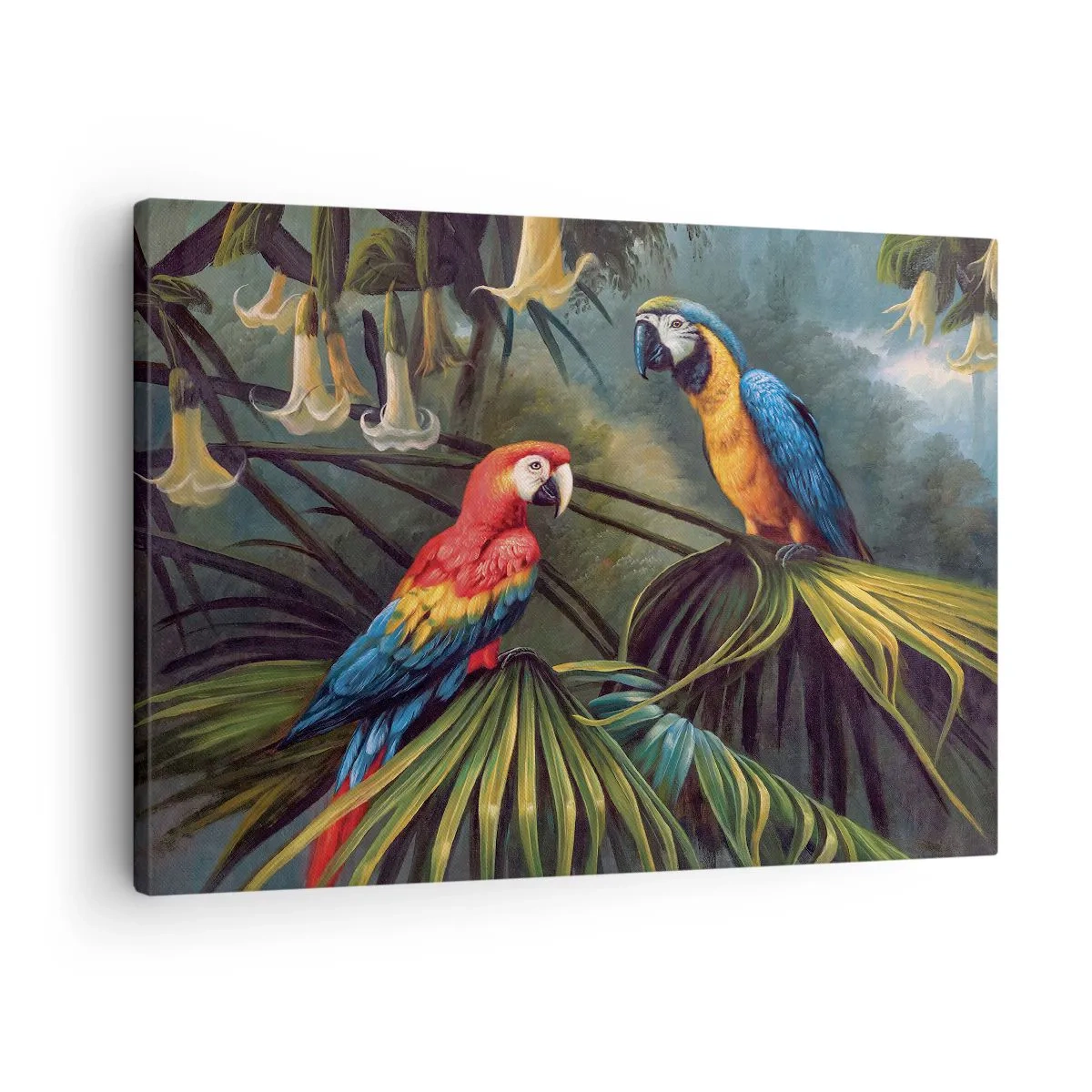 Obraz na płótnie - Papugi w tropikalnym lesie na tle egzotycznych kwiatów - 70x50cm - Romantyzm w tropikach - Nowoczesna dekoracja ścienna do salonu i sypialni ARTTOR